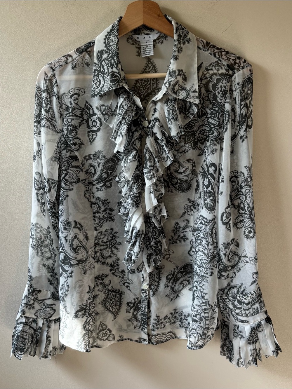 CAbi White and Grey Paisley Ruffle Blouse